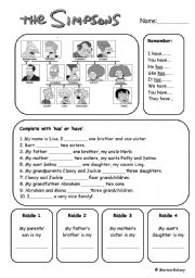 English Worksheet: Have - Has and riddles with the simpsons family members