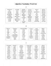 English Worksheet: Adjectives List