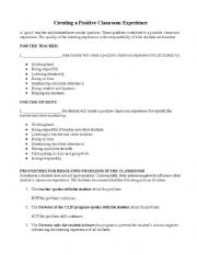 English worksheet:  Creating a positive classroom climate