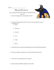 English Worksheet: Mummification Game Worksheet