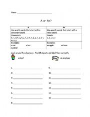 English worksheet: A or An? Classroom Walk