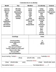 English Worksheet: calendar and clock vocabulary