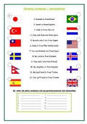 English Worksheet: Pronouns and nationalities