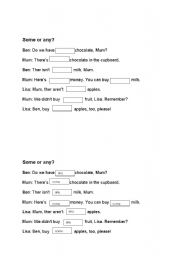 English Worksheet: some or any fill in the gaps and dialouge