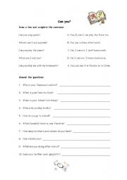 English Worksheet: Can you...? and other questions