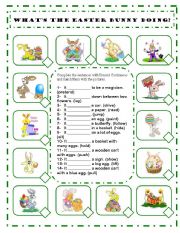 WHATS THE EASTER BUNNY DOING? PRESENT CONTINUOUS TENSE WORKSHEET - AFFIRMATIVE FORM - EDITABLE 