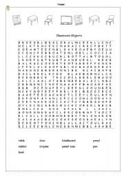 English Worksheet: Classroom Objects wordsearch