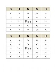 English Worksheet: Greater Than Less Than Bingo Card