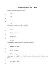 English worksheet: A Shakespeare Biography Quiz