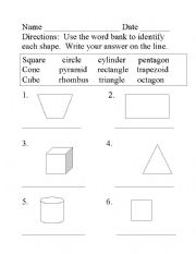 English worksheet: 2-D and 3-D Shape Quiz