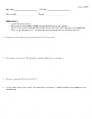 English worksheet: First day informal assessment of students language level, background, interests, and personality