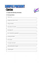 English worksheet: Simple Present - Negate the statements and form questions