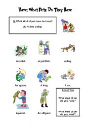 English Worksheet: What Pets Do They Have