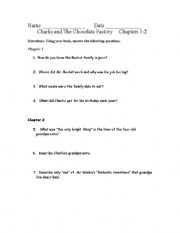 English Worksheet: Charlie and the Chocolate Factory Test Chapters 1-2