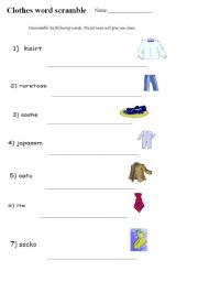 English worksheet: Clothes word scramble