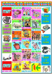 Boardgame: Going to the movies  modals and tenses (will, going to, present simple and continuous, past simple, can)  sentence formation  conversation  game  2 dices (tenses and forms)  instructions and suggestions  tokens  5 pages  editable
