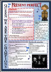 English Worksheet: QUEEN, WE ARE THE CHAMPIONS. PRESENT PERFECT. SPEAKING. LISTENING. FULLY EDITABLE. KEY INCLUDED