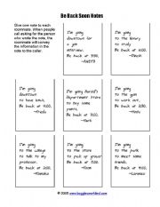 English worksheet: be back soon notes