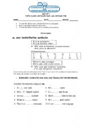 English Worksheet: ARTICLE A / AN