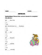 English Worksheet: ARTICLES