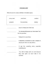 English worksheet: vocab for cold symtoms