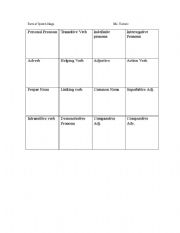 English Worksheet: Parts of Speech Bingo