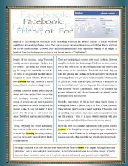 Facebook - Friend or Foe ( multiple choice exercise + Explaining text-related terms+ answering questions + vocabulary matching + word references)