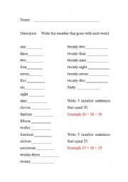 English worksheet: Maths words number sheet