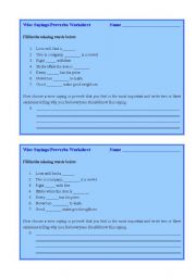 English Worksheet: Proverbs Handout and Worksheet