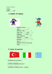 English worksheet: greeting and countries &nationalities