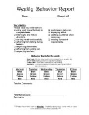 English Worksheet: Weekly Behavior Chart (Adapted from another source)