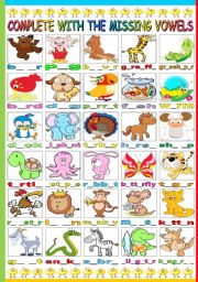 English Worksheet: ANIMALS- COMPLETE WITH THE MISSING VOWELS (B&W VERSION INCLUDED)