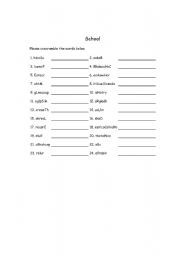 English worksheet: school word scramble