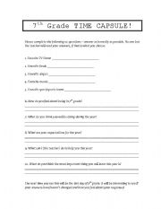 English Worksheet: 7th Grade Time Capsule