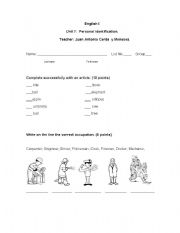 English worksheet: quiz for first grade, first unit