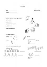 English Worksheet: Classroom objects-Classroom language-Numbers