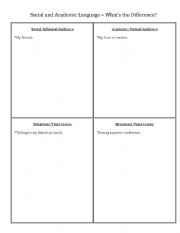 English worksheet: Social and Academic Language - What is the Difference?
