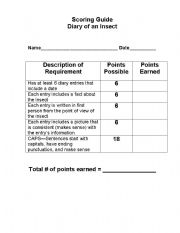 English worksheet: Scoring Guide for Diary of an Insect