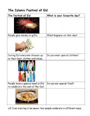 English worksheet: Eid Worksheet - what is your favourite festival?