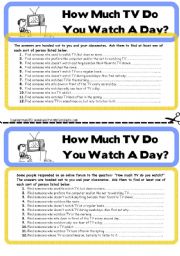English Worksheet: Find Someone Who ... [Topic: Watching TV ] with KEY