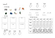 English Worksheet: Revision toys, colours, food and numbers