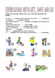 English worksheet: Expressions with have, go and get