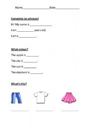 English worksheet: Test for 1.grade: Conversation, Colours, Clothes