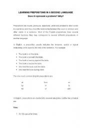English worksheet: Prepositions in a second language