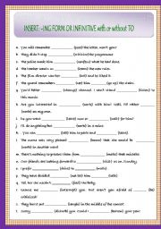 English Worksheet: INSERT: -ING FORM or INFINITIVE with or without TO