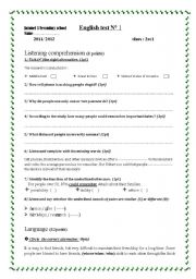 English Worksheet: English test for tunisian pupils 2nd form
