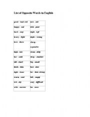 English Worksheet: list of opposite words