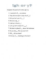 English worksheet: y or igh (long i)