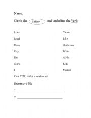 English worksheet: Subject and Verb recognition 