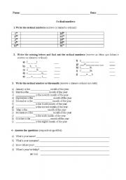 English Worksheet: Ordinals and months
